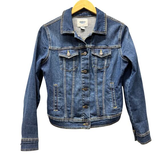 Old Navy Jean Jacket Womens Medium Trucker Dark Blue Denim Button Up Classic - Picture 1 of 6